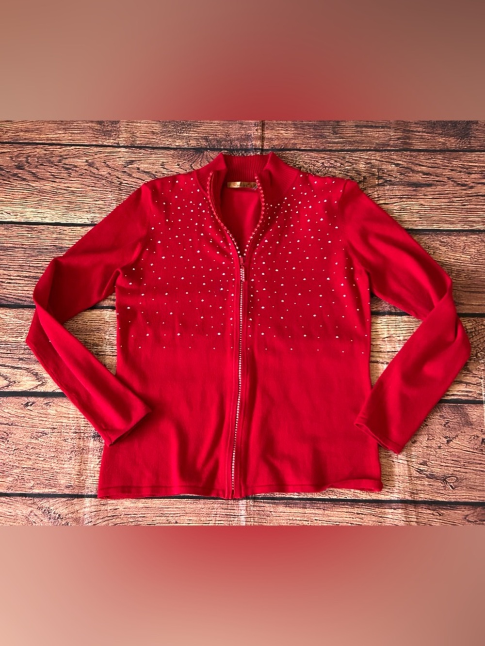 Belldini Red Rhinestone Zip Sweater‎ Women Embellished Cardigan Size Medium